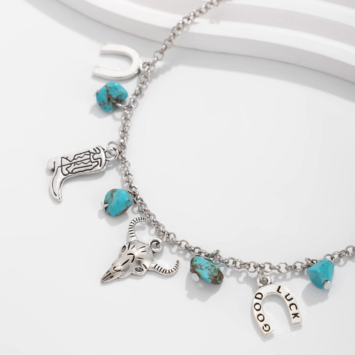 Boho Bull Boot Cowboy Hat Turquoise Charm Necklace - ArtGalleryZen