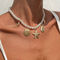 Thumbnail for Boho Chunky Conch Shell Starfish Pendant Pearl Chain Necklace - ArtGalleryZen