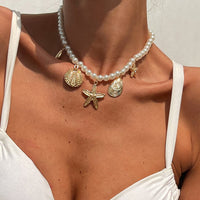 Thumbnail for Boho Chunky Conch Shell Starfish Pendant Pearl Chain Necklace - ArtGalleryZen
