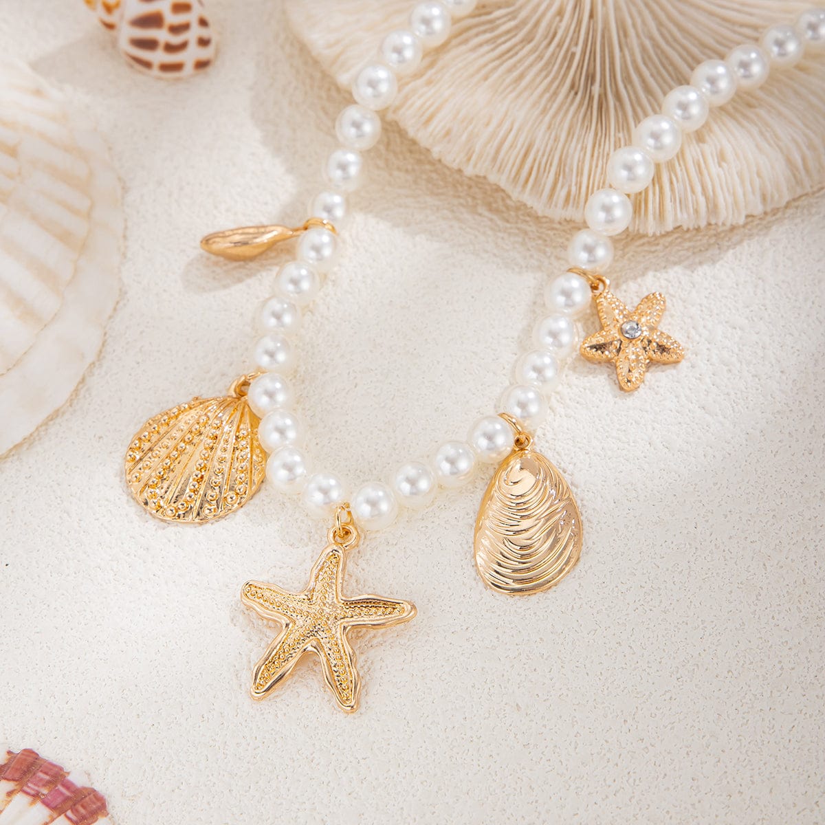 Boho Chunky Conch Shell Starfish Pendant Pearl Chain Necklace - ArtGalleryZen