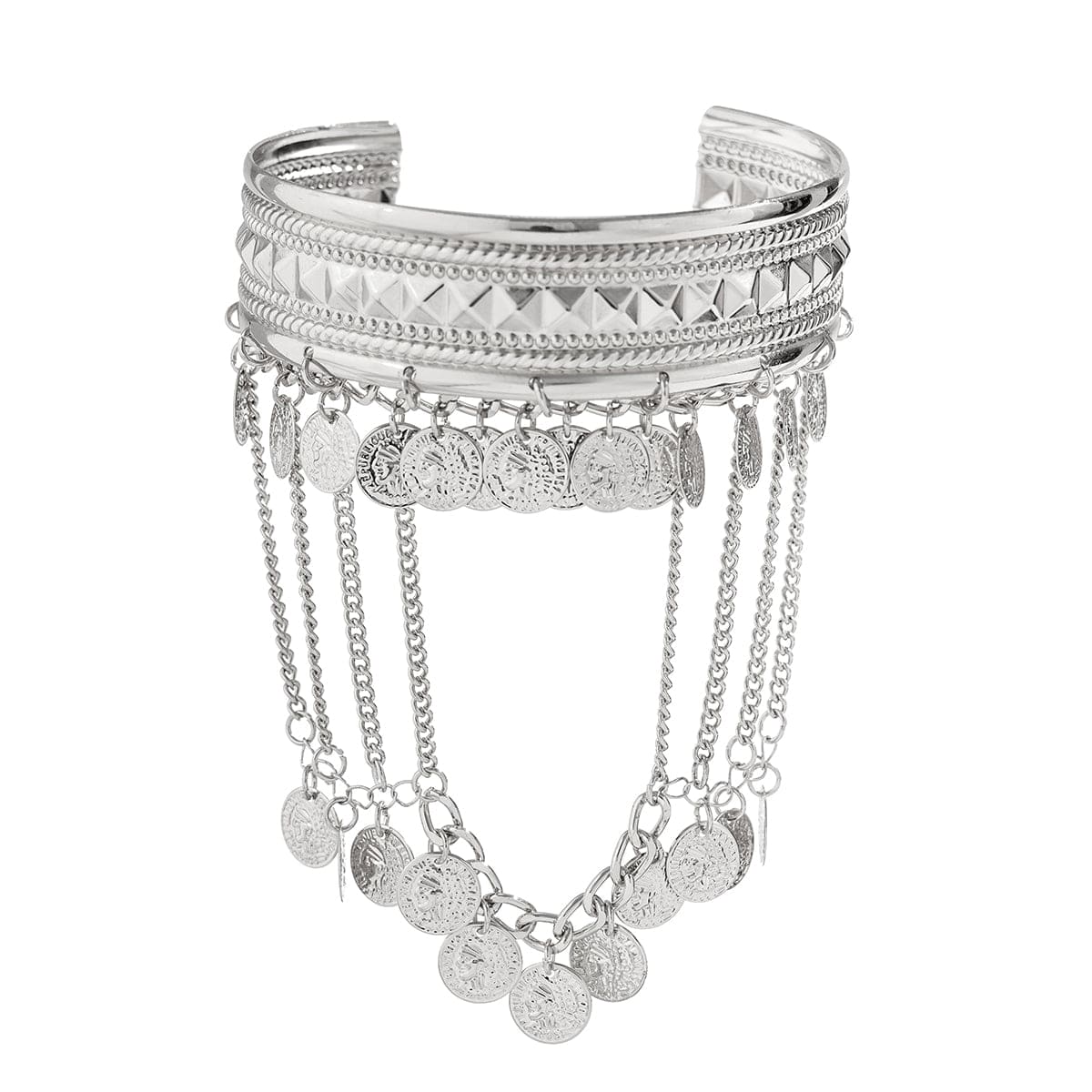 Boho Chunky Layered Coin Tassel Embossed Pattern Arm Cuff - ArtGalleryZen