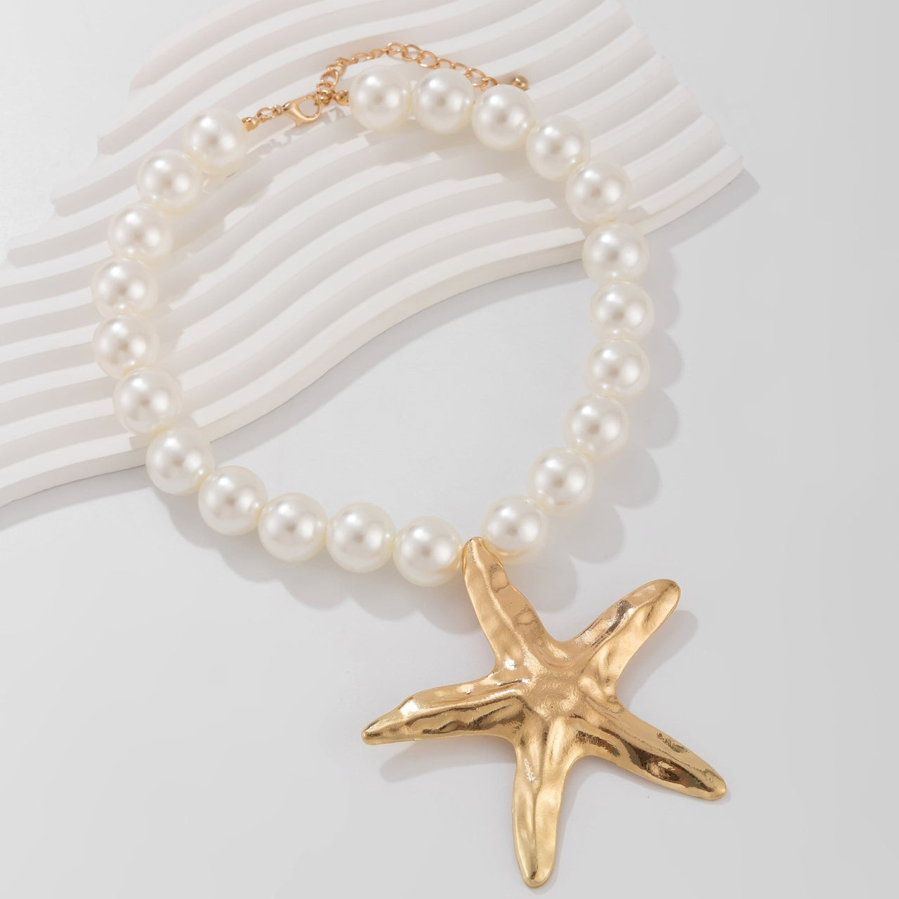 Boho Chunky Starfish Pendant Pearl Chain Necklace - ArtGalleryZen