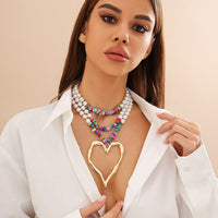 Thumbnail for Boho Colorful Layered Turquoise Pearl Chain Heart Pendant Choker Necklace - ArtGalleryZen