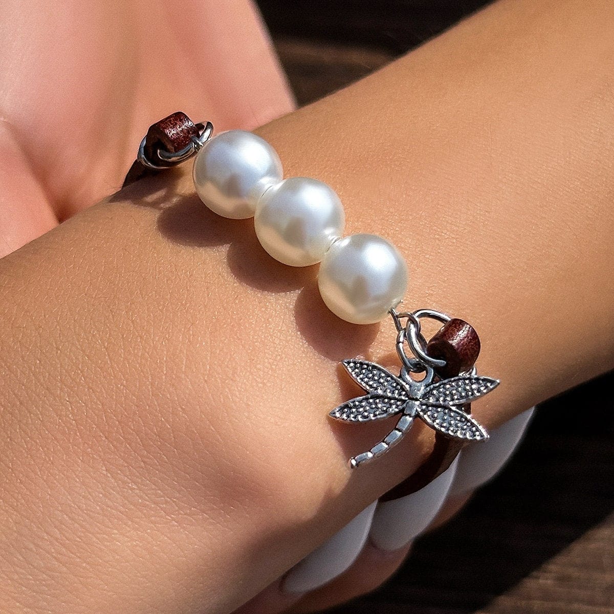 Boho Dragonfly Pearl Charm Leather Bracelet - ArtGalleryZen