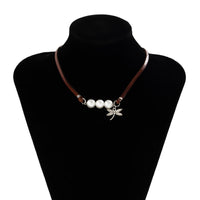 Thumbnail for Boho Dragonfly Pearl Charm Leather Choker Necklace - ArtGalleryZen