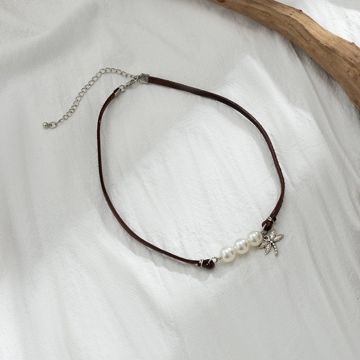 Boho Dragonfly Pearl Charm Leather Choker Necklace - ArtGalleryZen