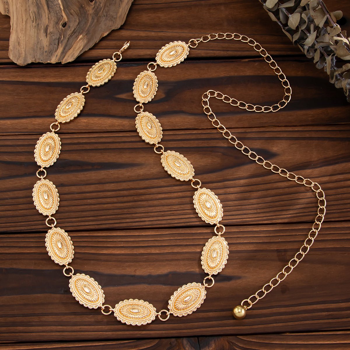 Boho Gold Silver Plated Floral Oval Disk Waist Chain - ArtGalleryZen