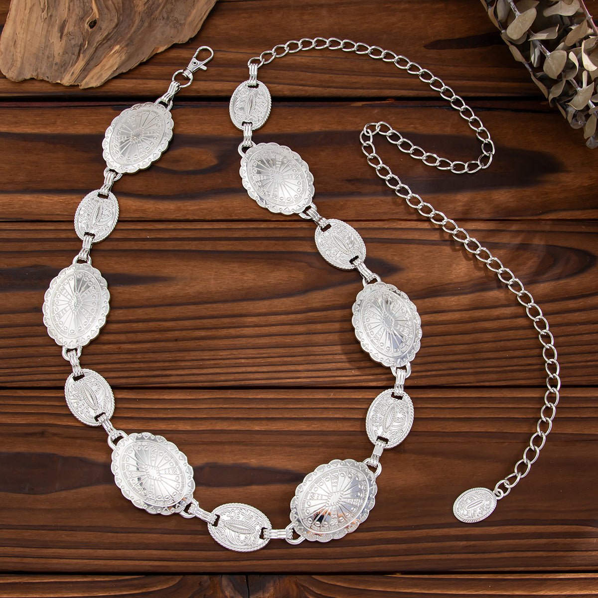 Boho Gold Silver Tone Carved Flower Oval Disk Waist Chain - ArtGalleryZen