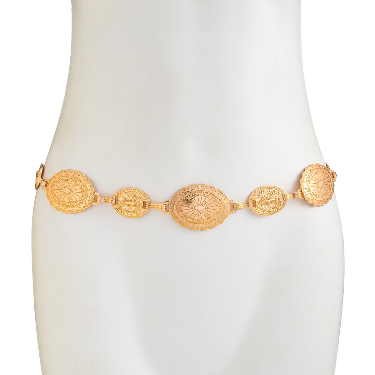 Boho Gold Silver Tone Carved Flower Oval Disk Waist Chain - ArtGalleryZen