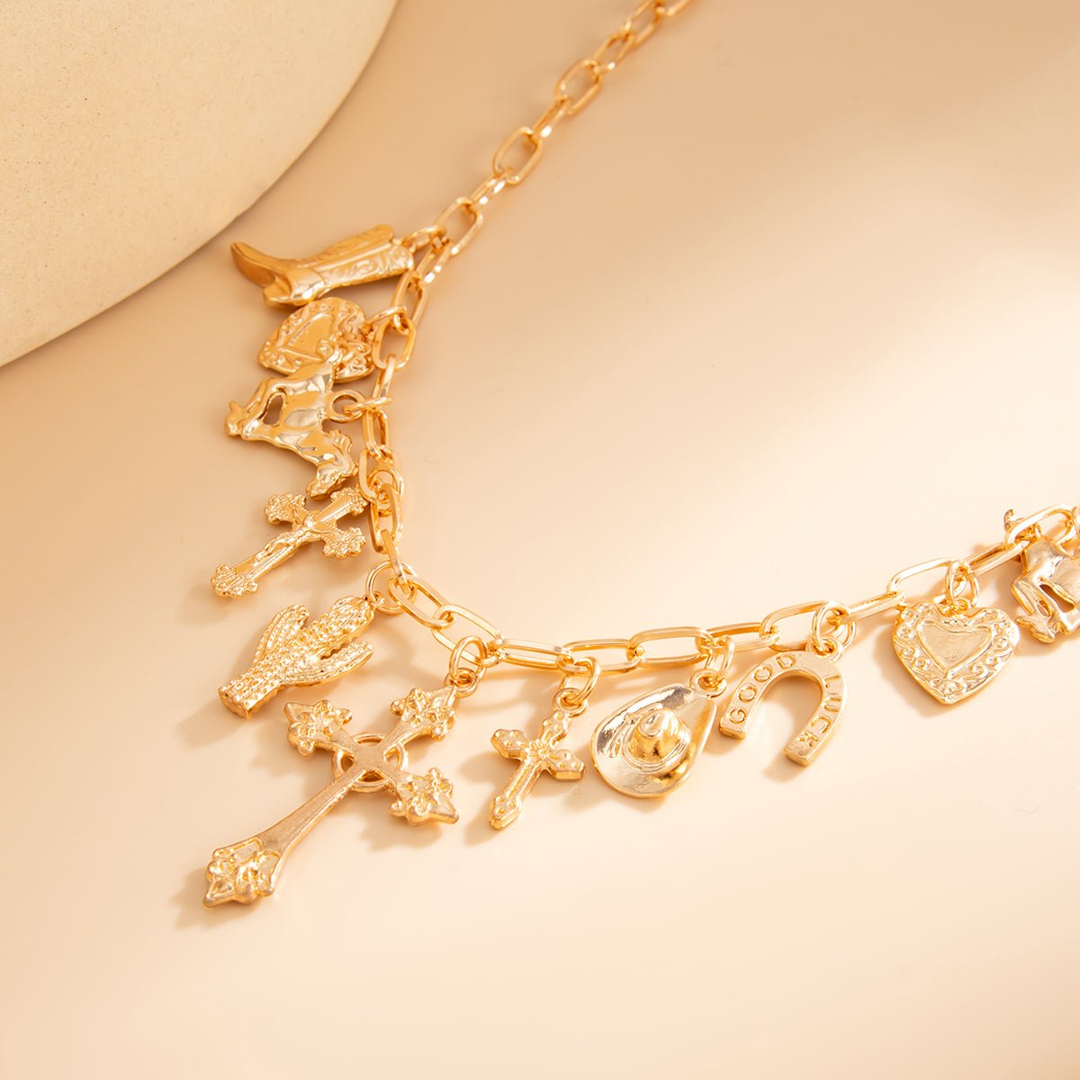 Boho Gold Tone Cross Cactus Cowboy Hat Charm Necklace - ArtGalleryZen