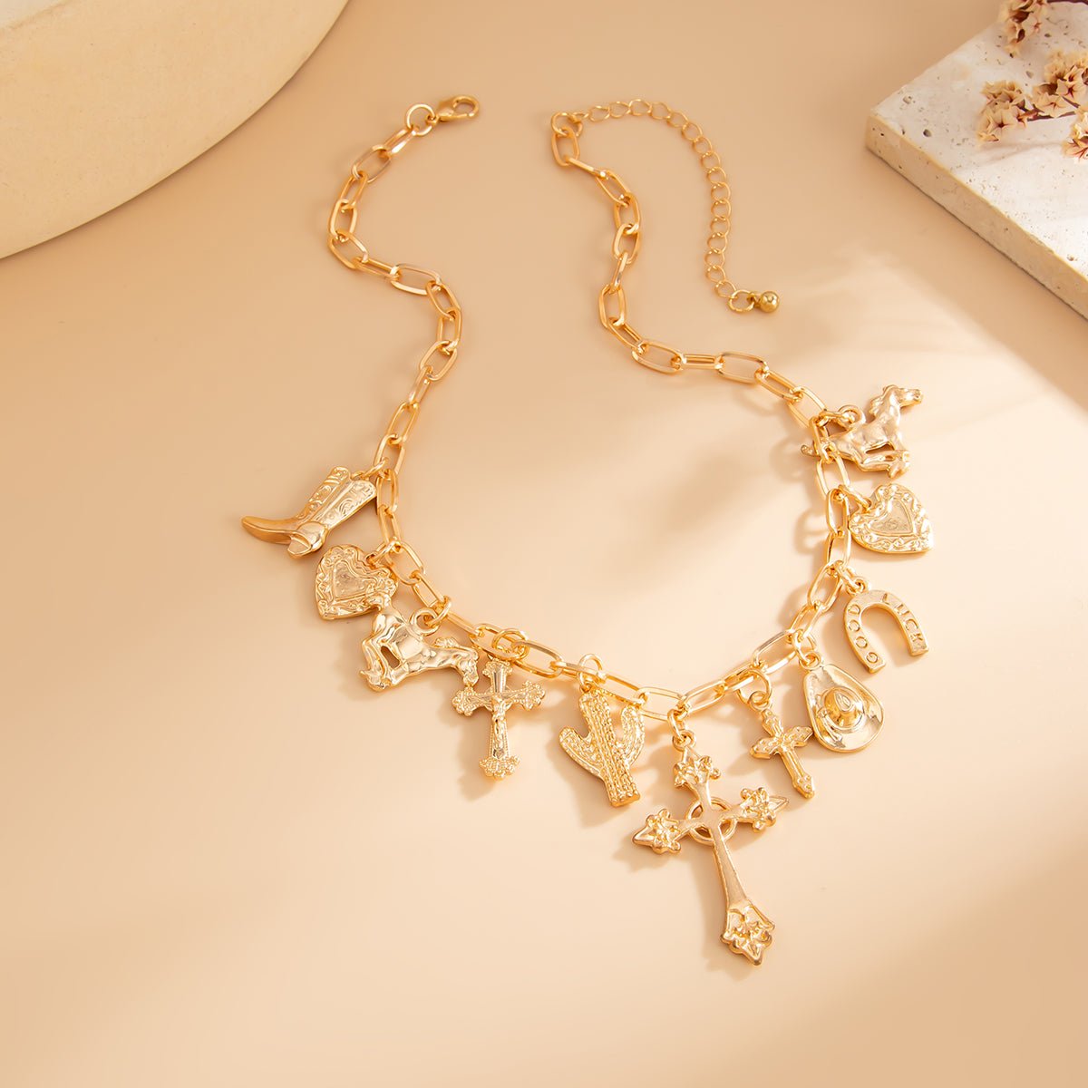 Boho Gold Tone Cross Cactus Cowboy Hat Charm Necklace - ArtGalleryZen