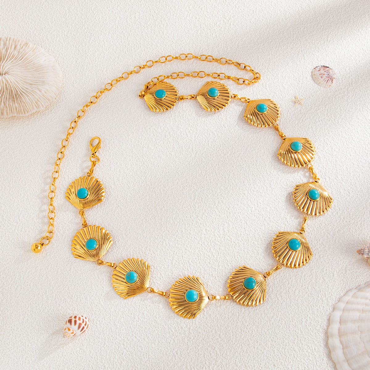 Boho Gold Tone Turquoise Inlaid Shell Waist Chain - ArtGalleryZen