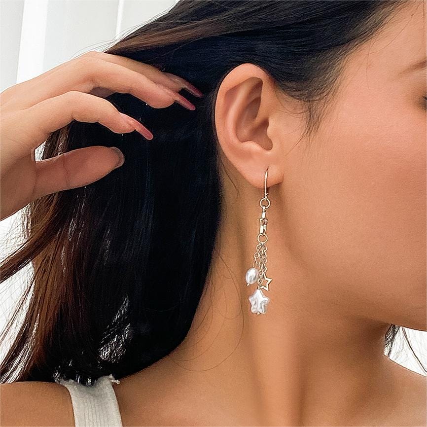 Boho Hollow Star Pearl Tassel Earrings - ArtGalleryZen