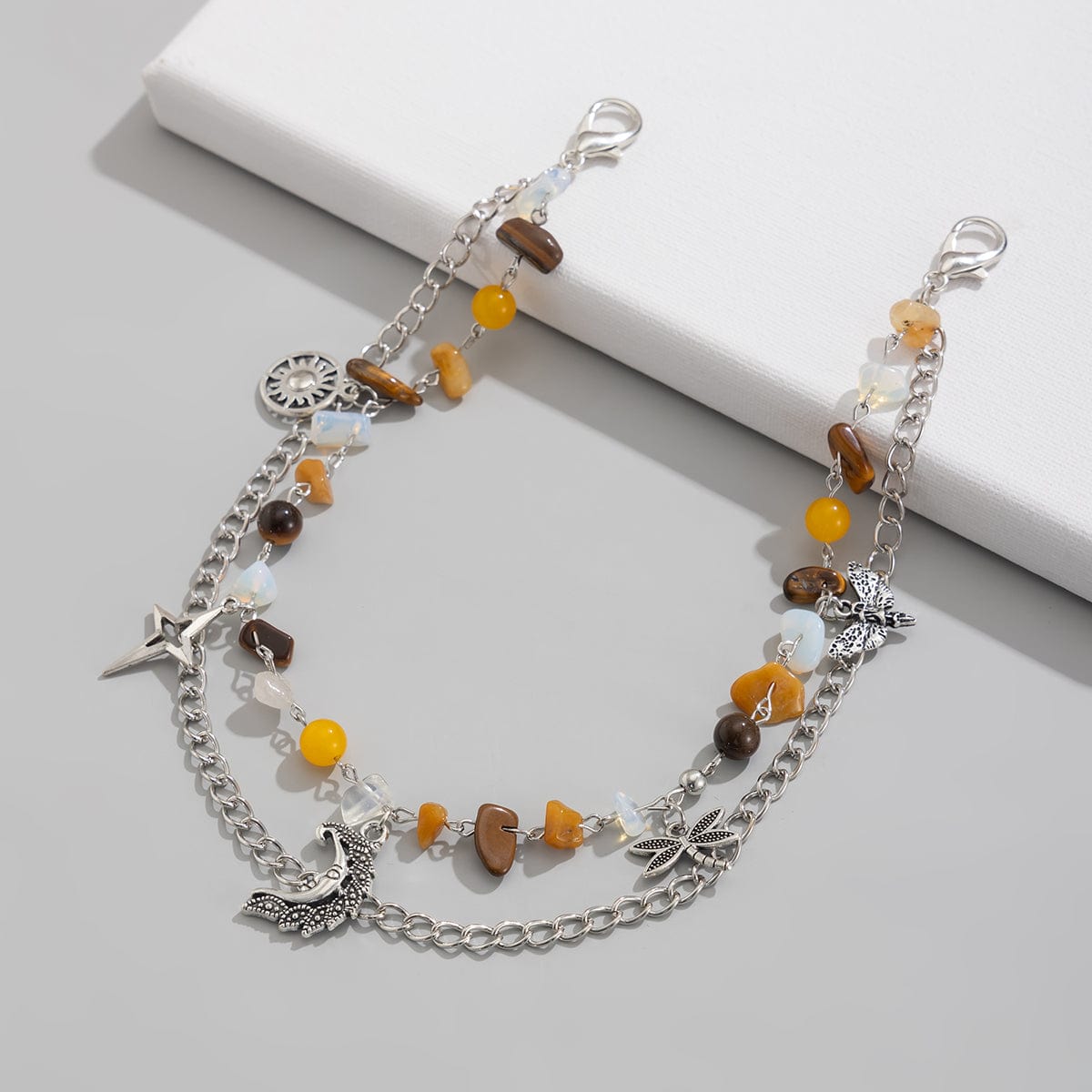 Boho Layered Butterfly Sun Moon Star Charm Turquoise Stone Bag Chain - ArtGalleryZen