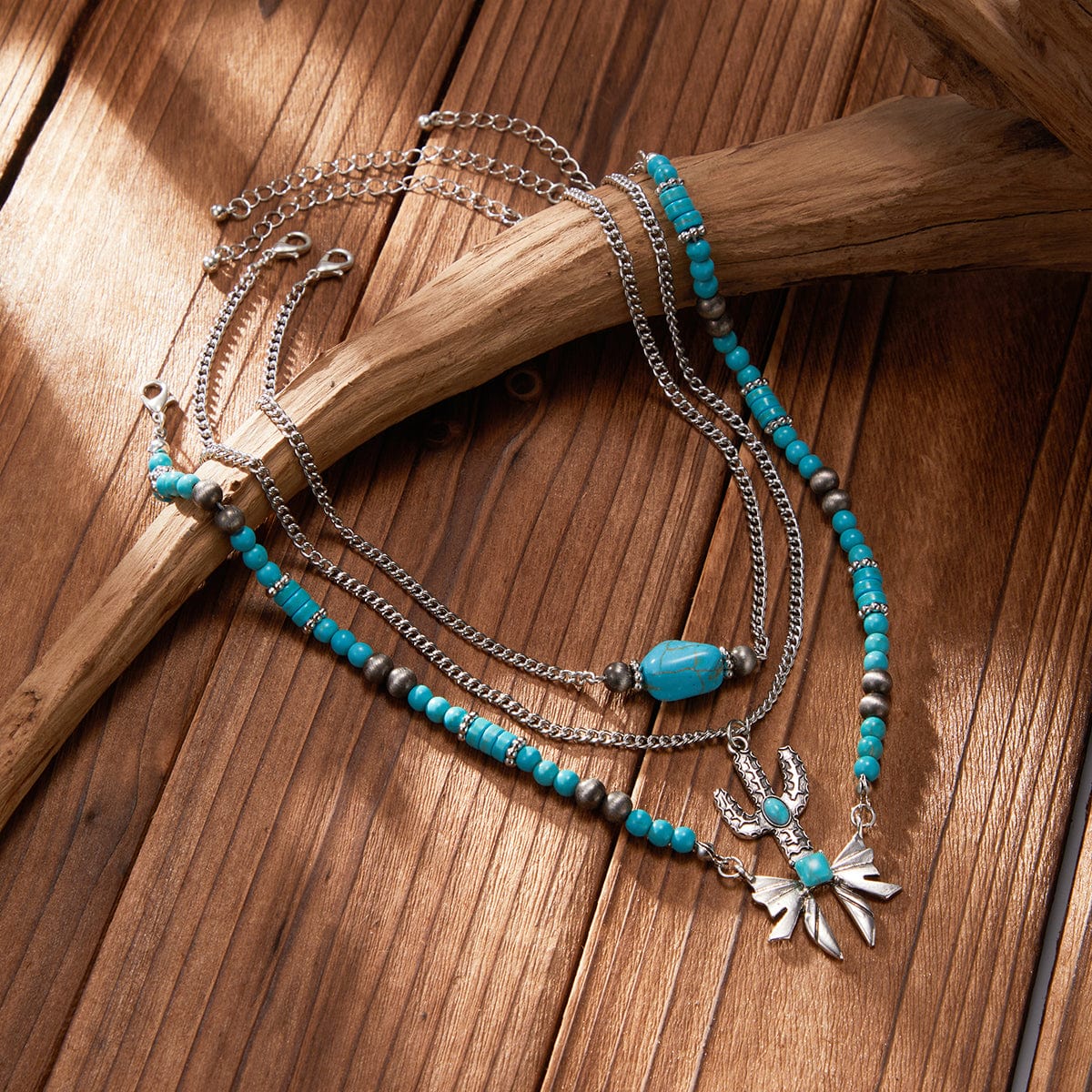 Boho Layered Cactus Bowknot Pendant Turquoise Chain Necklace Set - ArtGalleryZen