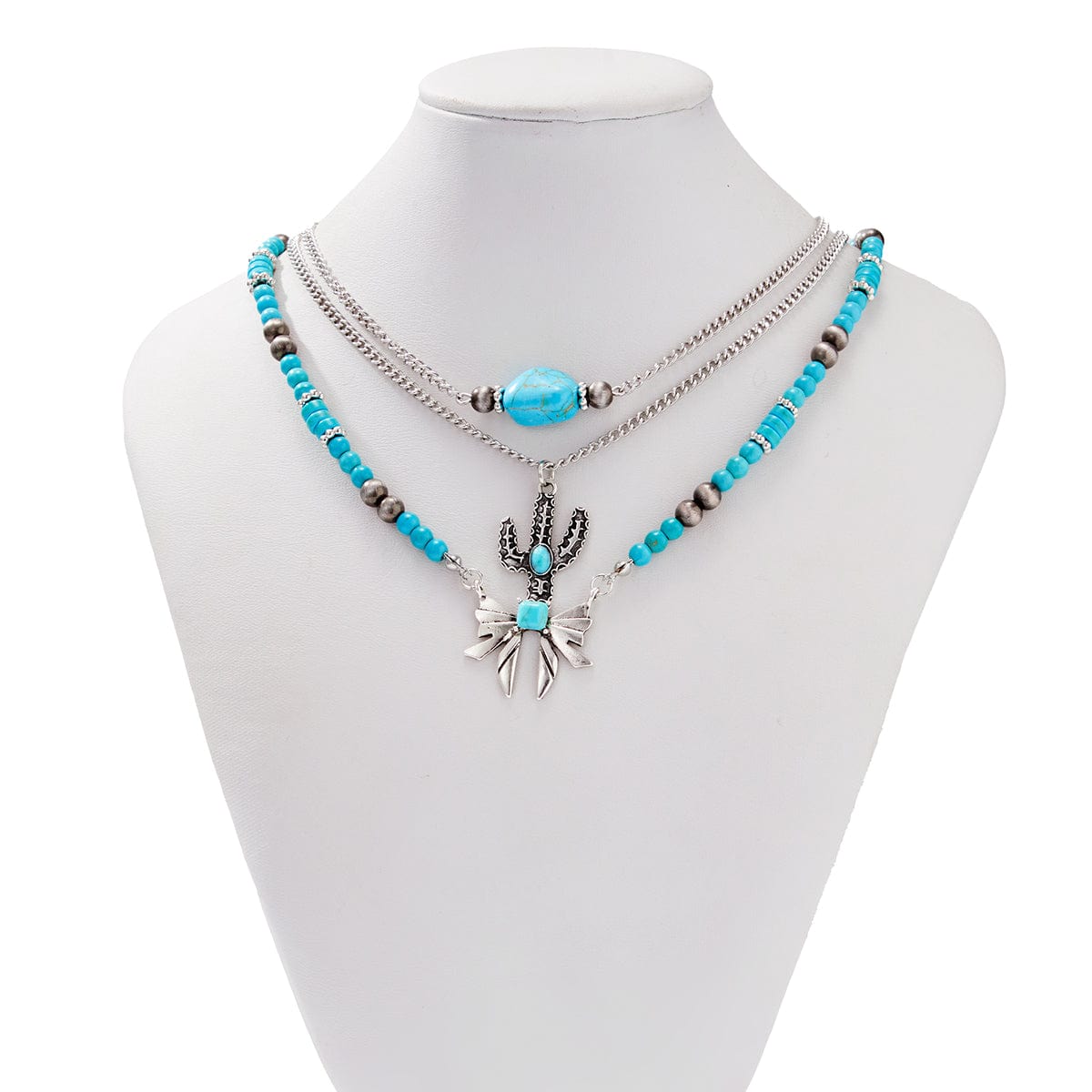 Boho Layered Cactus Bowknot Pendant Turquoise Chain Necklace Set - ArtGalleryZen