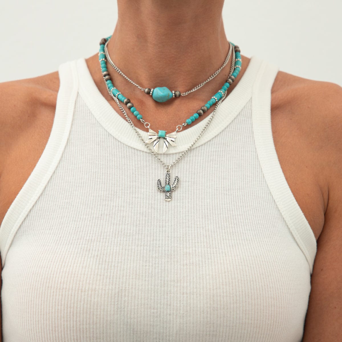 Boho Layered Cactus Bowknot Pendant Turquoise Chain Necklace Set - ArtGalleryZen
