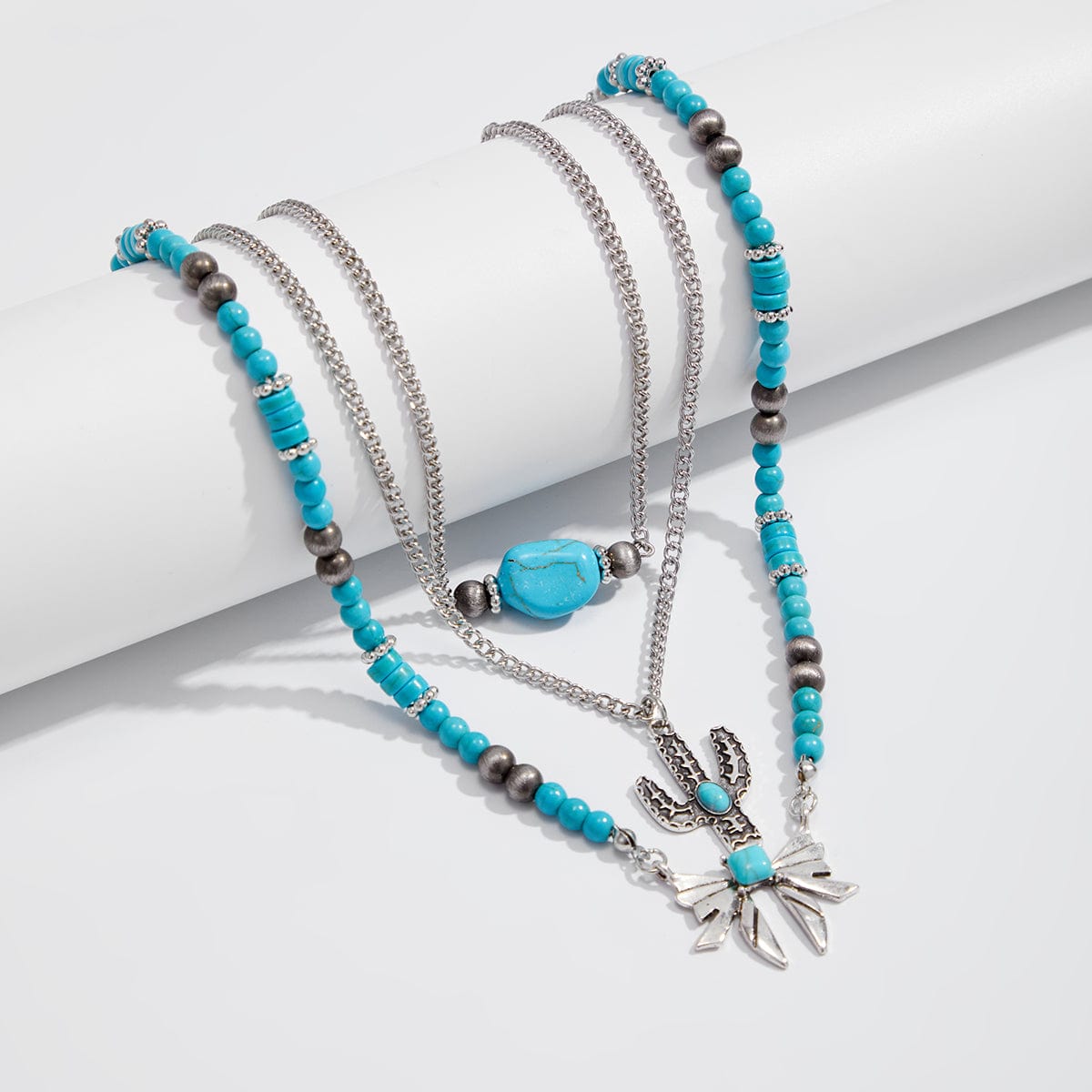 Boho Layered Cactus Bowknot Pendant Turquoise Chain Necklace Set - ArtGalleryZen
