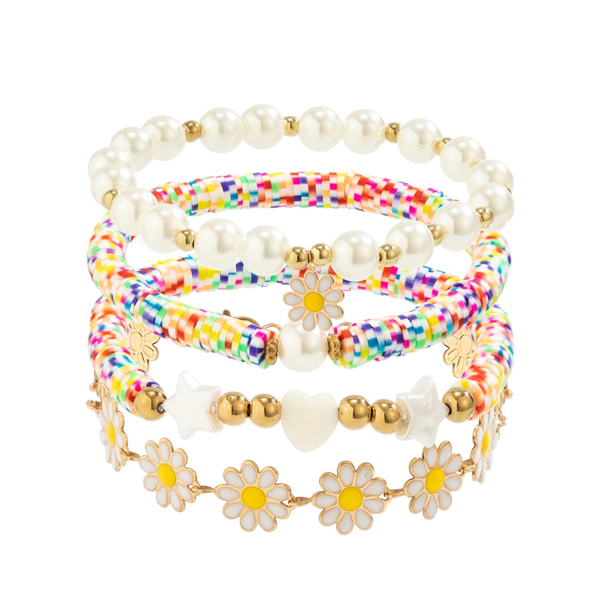 Boho Layered Colorful Polymer Clay Flower Ball Chain Bracelet Set - ArtGalleryZen