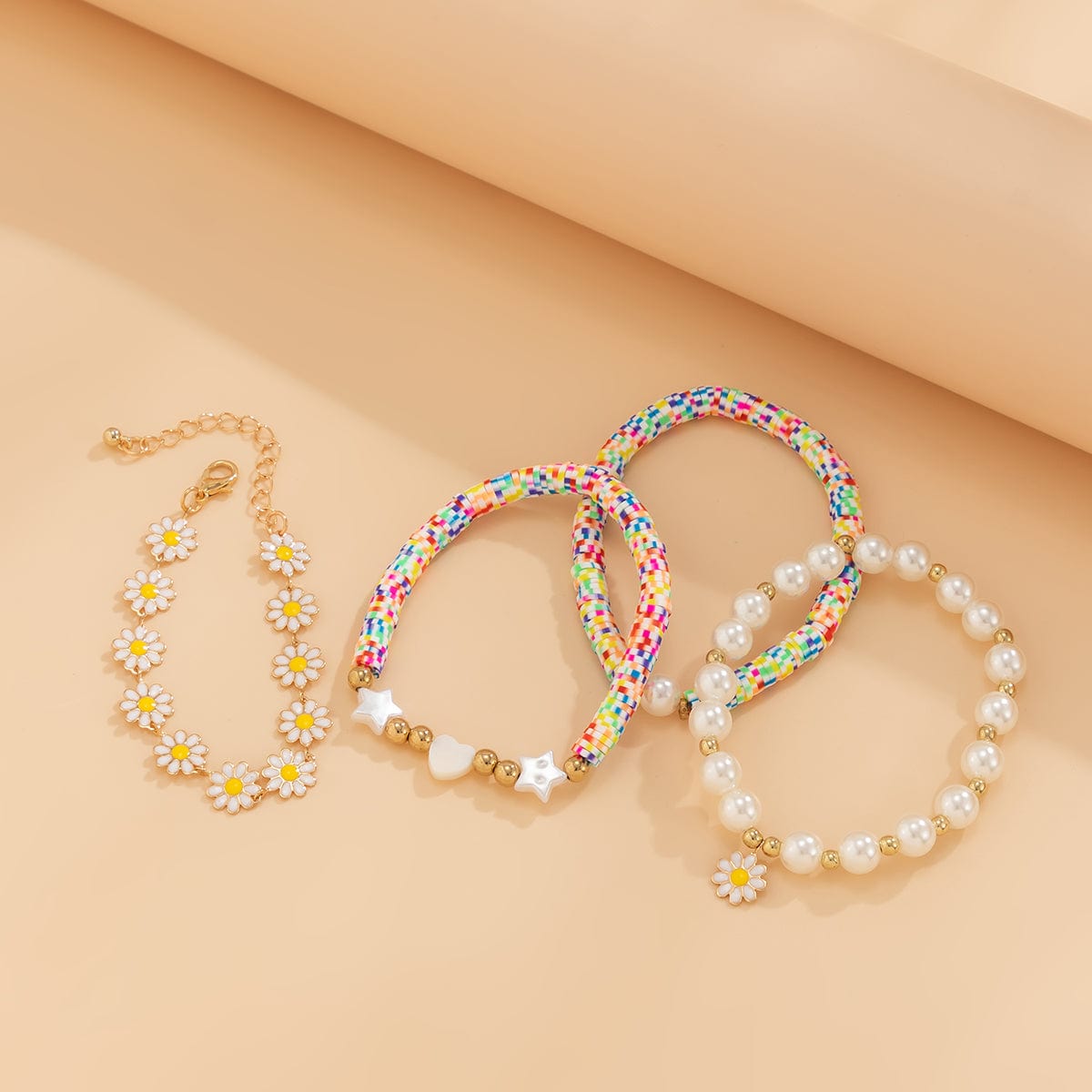 Boho Layered Colorful Polymer Clay Flower Ball Chain Bracelet Set - ArtGalleryZen