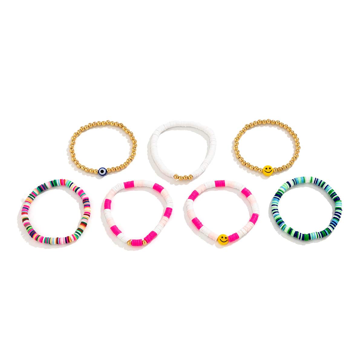 Boho Layered Colorful Polymer Clay Smile Face Ball Chain Bracelet Set - ArtGalleryZen