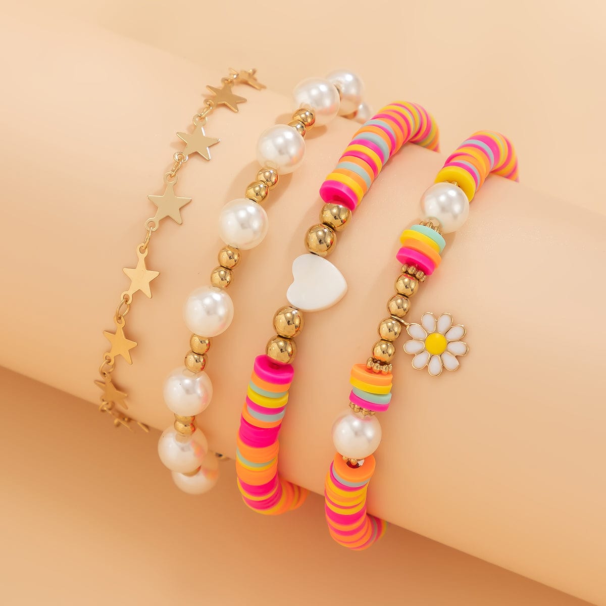 Boho Layered Colorful Polymer Clay Star Pearl Chain Bracelet Set - ArtGalleryZen