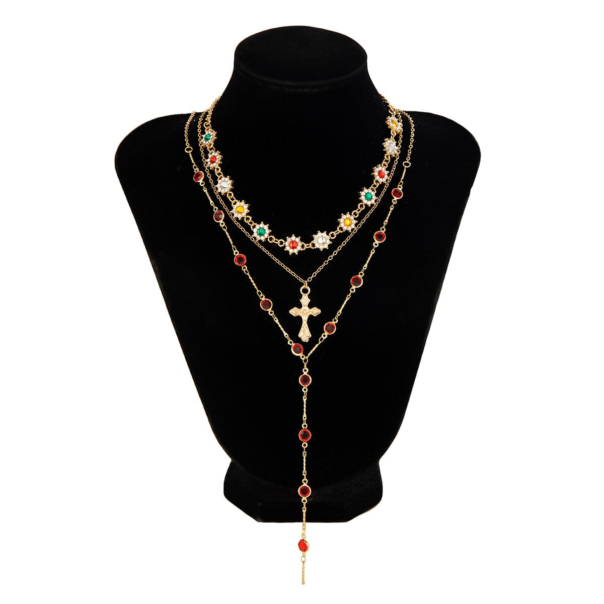 Boho Layered Cross Pendant Rhinestone Crystal Chain Y Necklace Set - ArtGalleryZen