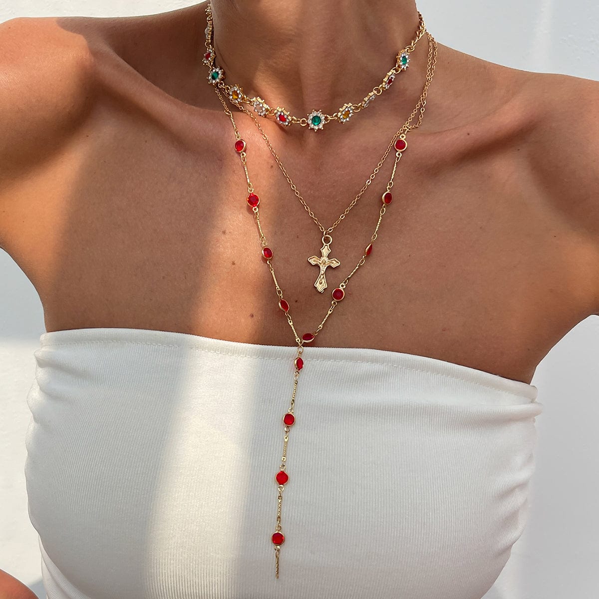 Boho Layered Cross Pendant Rhinestone Crystal Chain Y Necklace Set - ArtGalleryZen