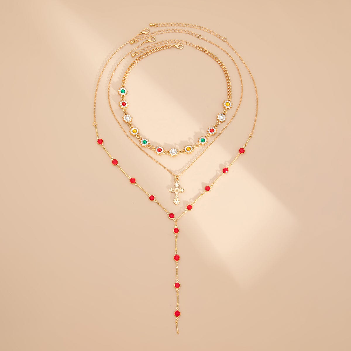 Boho Layered Cross Pendant Rhinestone Crystal Chain Y Necklace Set - ArtGalleryZen