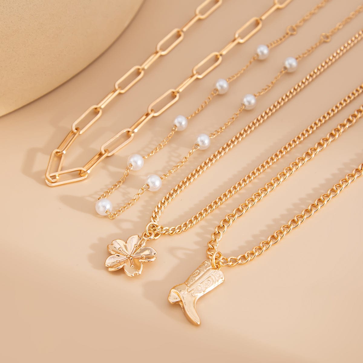 Boho Layered Flower Boot Pendant Pearl Chain Necklace Set - ArtGalleryZen