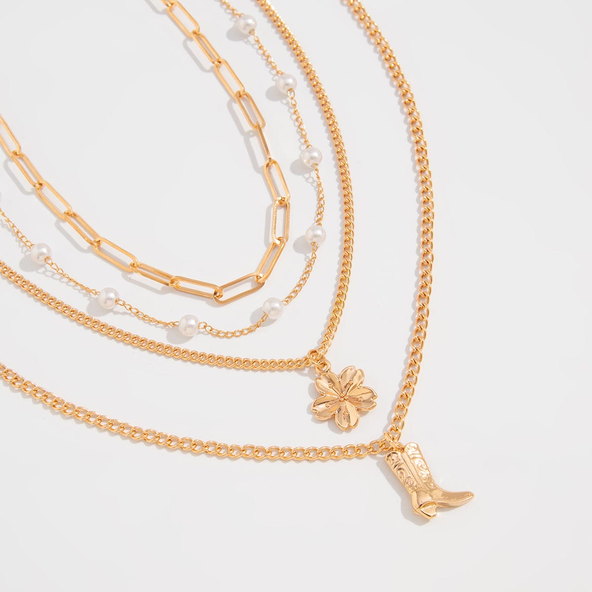 Boho Layered Flower Boot Pendant Pearl Chain Necklace Set - ArtGalleryZen