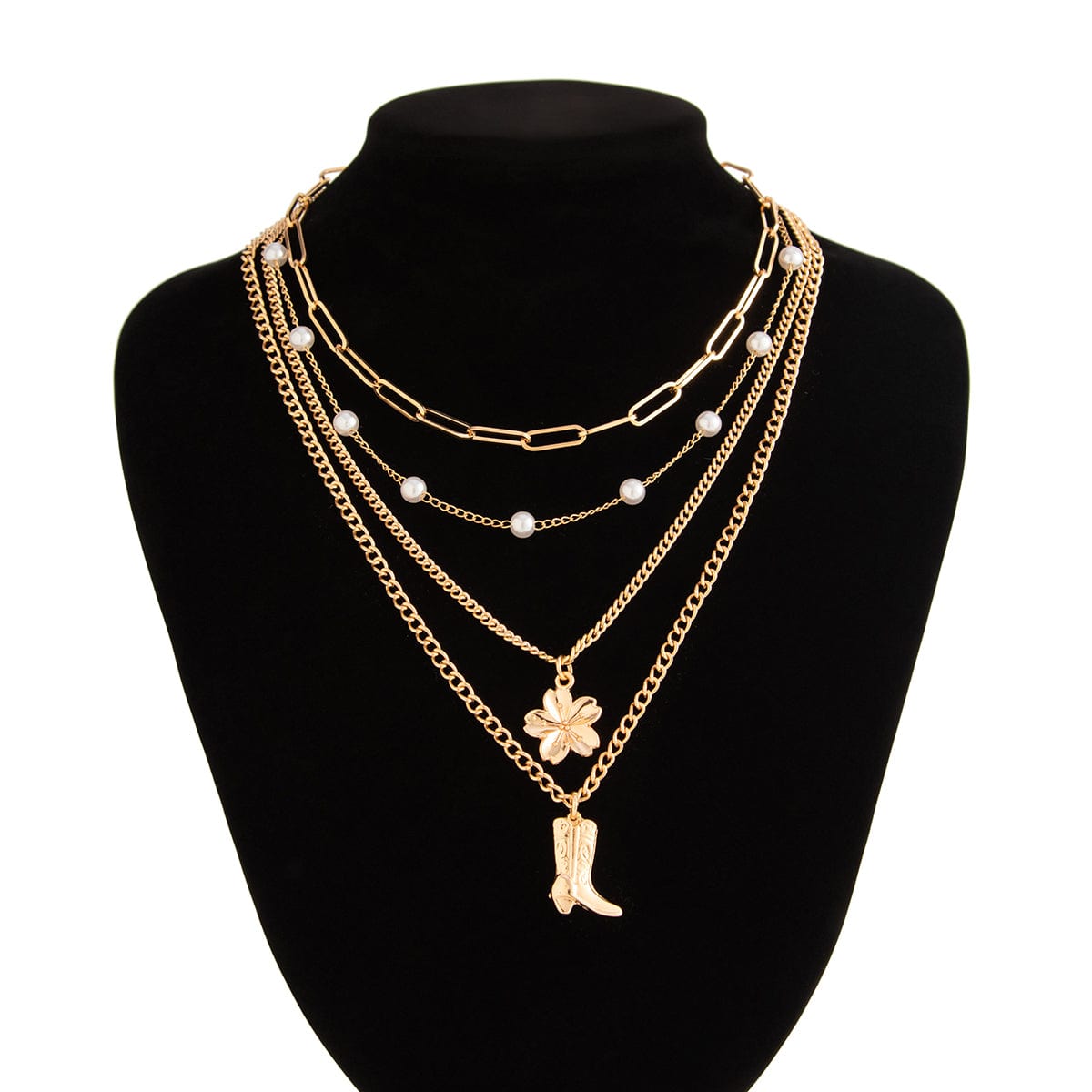 Boho Layered Flower Boot Pendant Pearl Chain Necklace Set - ArtGalleryZen