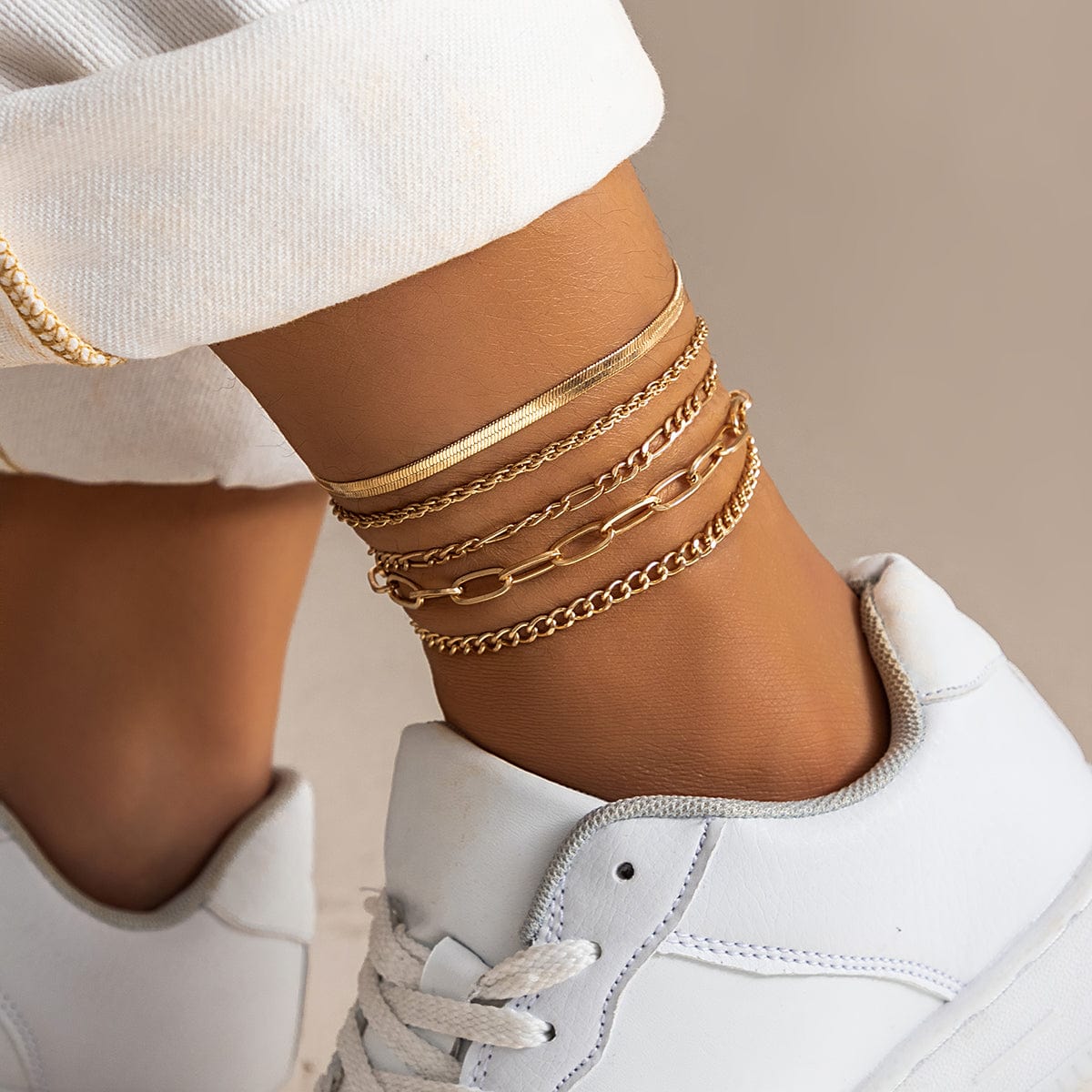Boho Layered Gold Silver Plated Curb Chain Stackable Anklet Set - ArtGalleryZen