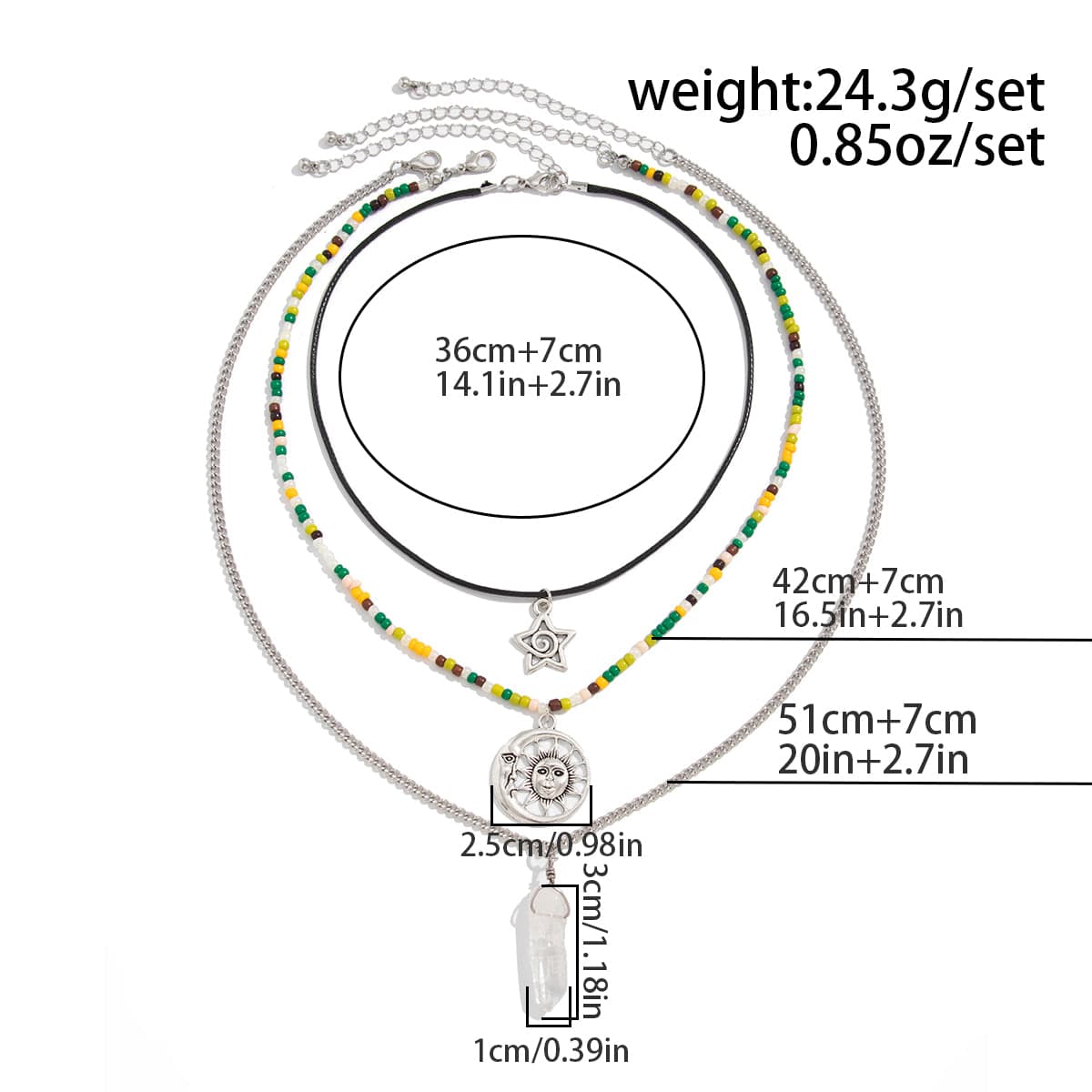 Boho Layered Healing Crystal Sun Moon Star Pendant Seed Beaded Necklace Set - ArtGalleryZen