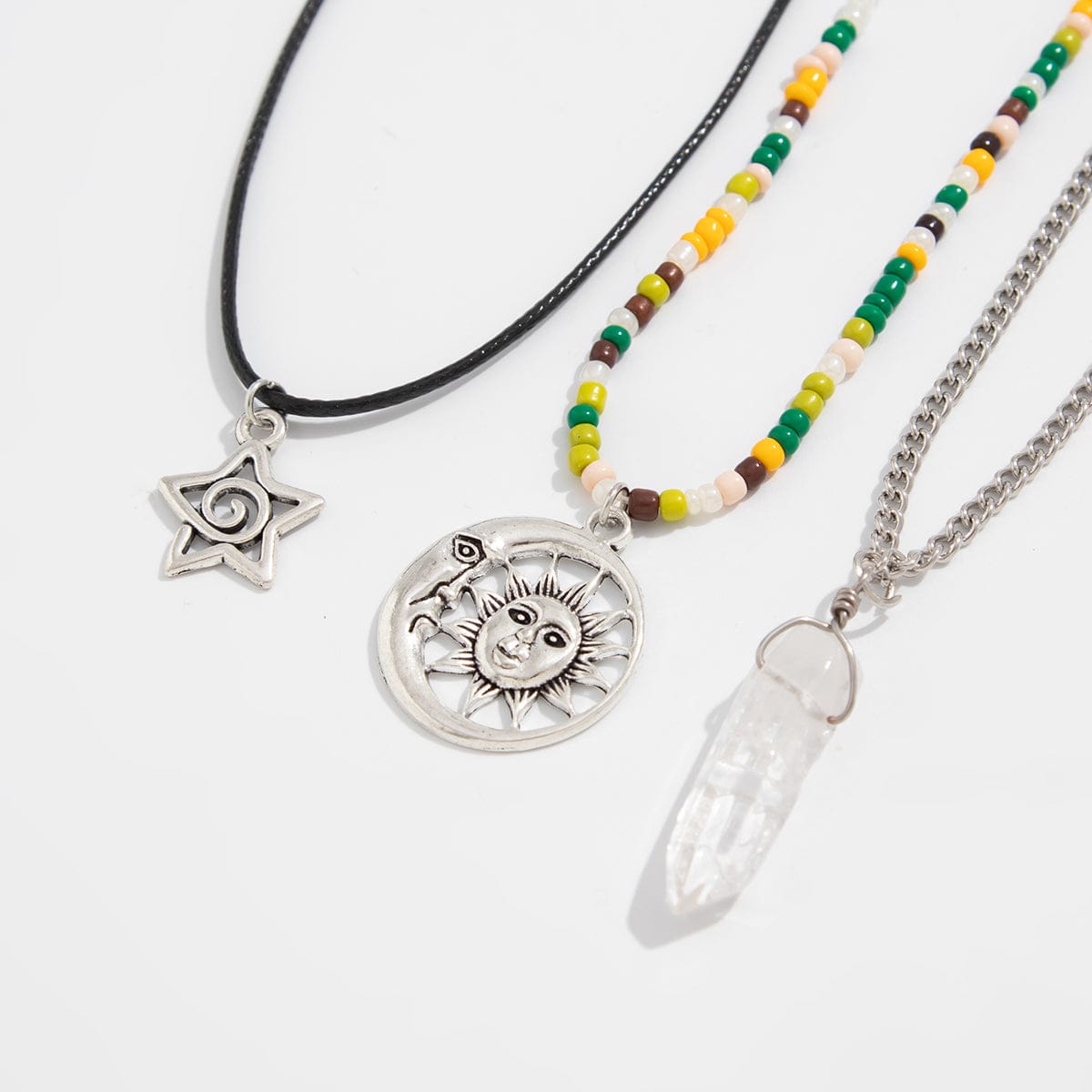 Boho Layered Healing Crystal Sun Moon Star Pendant Seed Beaded Necklace Set - ArtGalleryZen