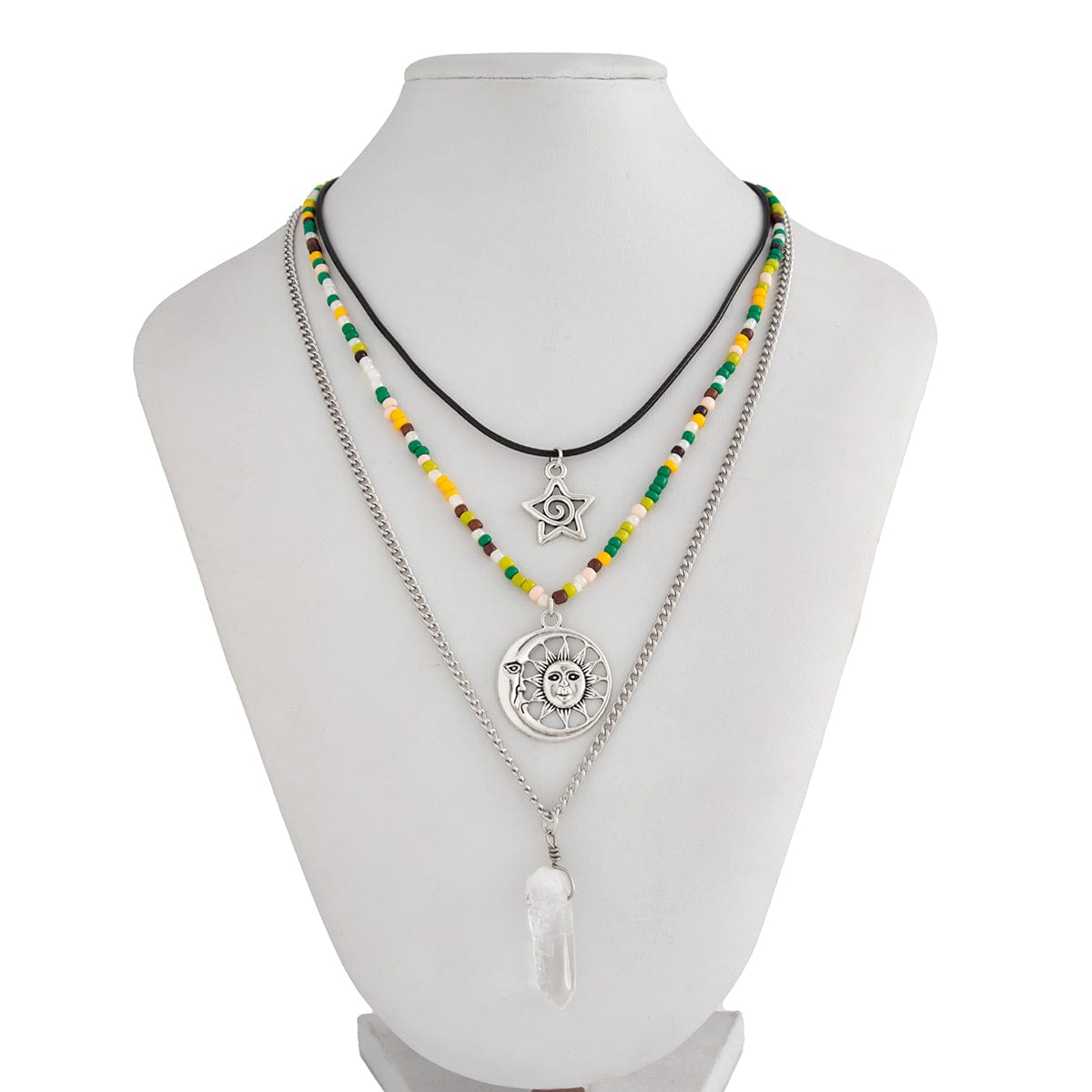 Boho Layered Healing Crystal Sun Moon Star Pendant Seed Beaded Necklace Set - ArtGalleryZen