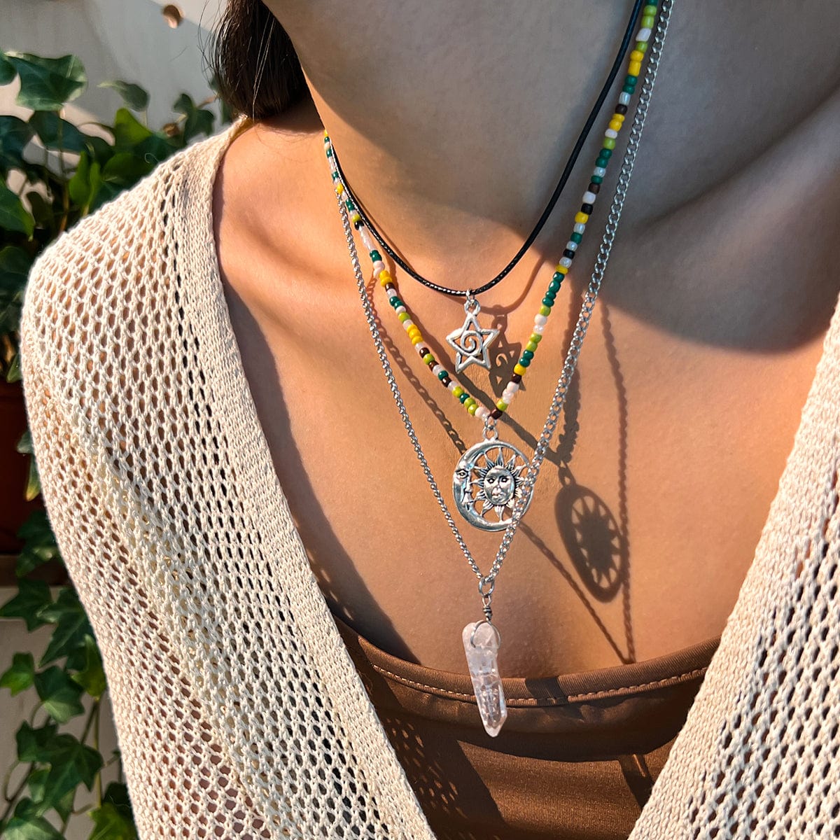 Boho Layered Healing Crystal Sun Moon Star Pendant Seed Beaded Necklace Set - ArtGalleryZen