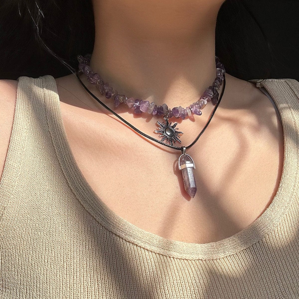 Boho Layered Healing Crystal Sun Pendant Turquoise Stone Choker Necklace Set - ArtGalleryZen