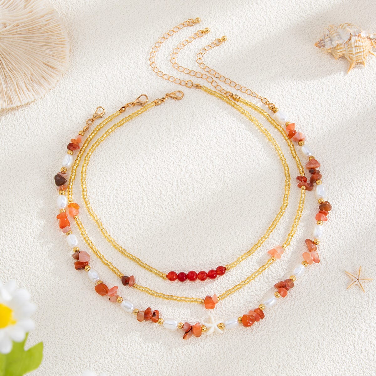 Boho Layered Pearl Turquoise Stone Seed Beaded Necklace Set - ArtGalleryZen