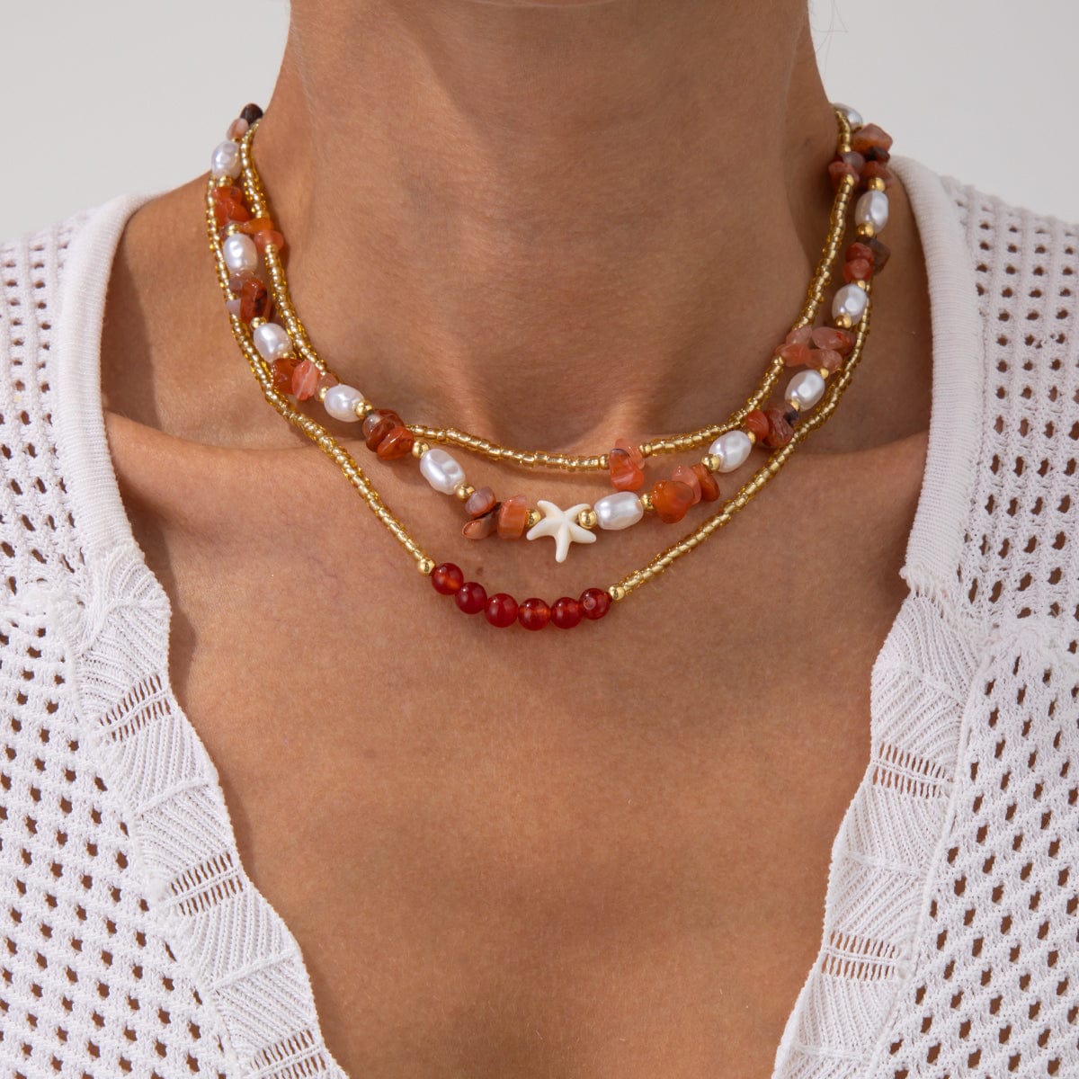 Boho Layered Pearl Turquoise Stone Seed Beaded Necklace Set - ArtGalleryZen