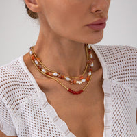 Thumbnail for Boho Layered Pearl Turquoise Stone Seed Beaded Necklace Set - ArtGalleryZen