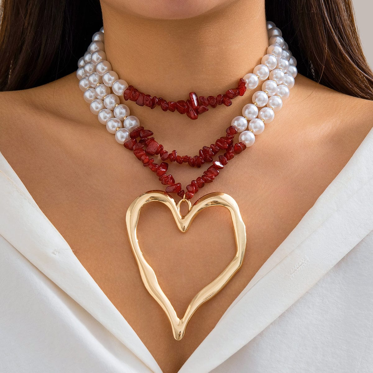 Boho Layered Red Turquoise Pearl Chain Heart Pendant Choker Necklace - ArtGalleryZen