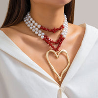 Thumbnail for Boho Layered Red Turquoise Pearl Chain Heart Pendant Choker Necklace - ArtGalleryZen