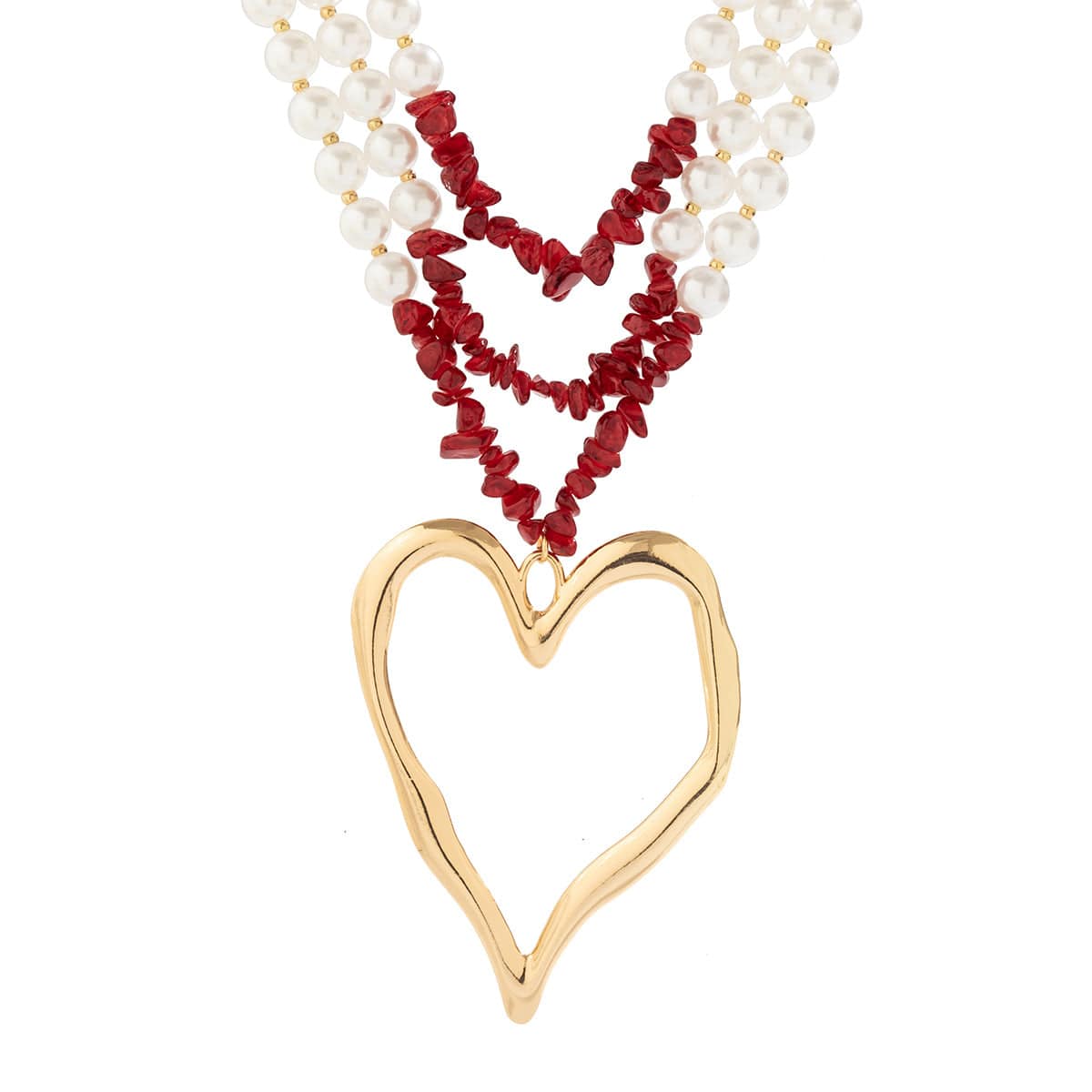 Boho Layered Red Turquoise Pearl Chain Heart Pendant Choker Necklace - ArtGalleryZen