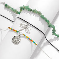 Thumbnail for Boho Layered Round Disk Dragonfly Pendant Turquoise Stone Seed Bead Choker Necklace Set - ArtGalleryZen