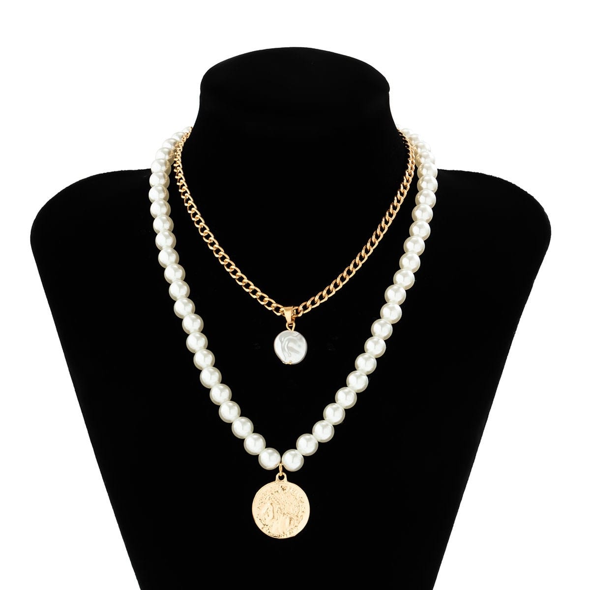 Boho Layered Round Disk Pearl Pendant Pearl Chain Choker Necklace Set - ArtGalleryZen