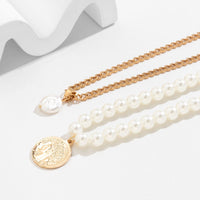 Thumbnail for Boho Layered Round Disk Pearl Pendant Pearl Chain Choker Necklace Set - ArtGalleryZen