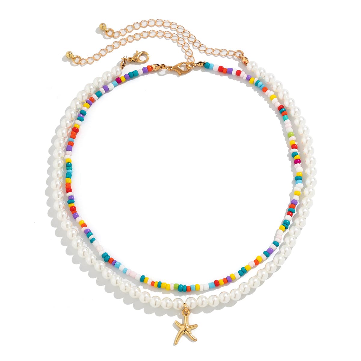 Boho Layered Seed Bead Starfish Pendant Pearl Chain Necklace Set - ArtGalleryZen