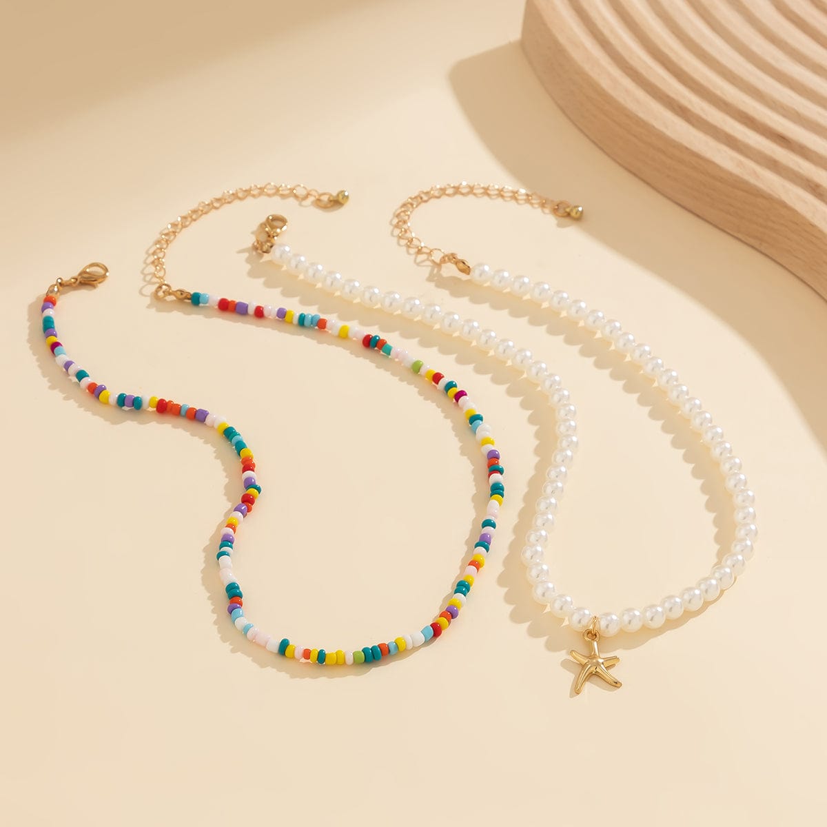Boho Layered Seed Bead Starfish Pendant Pearl Chain Necklace Set - ArtGalleryZen