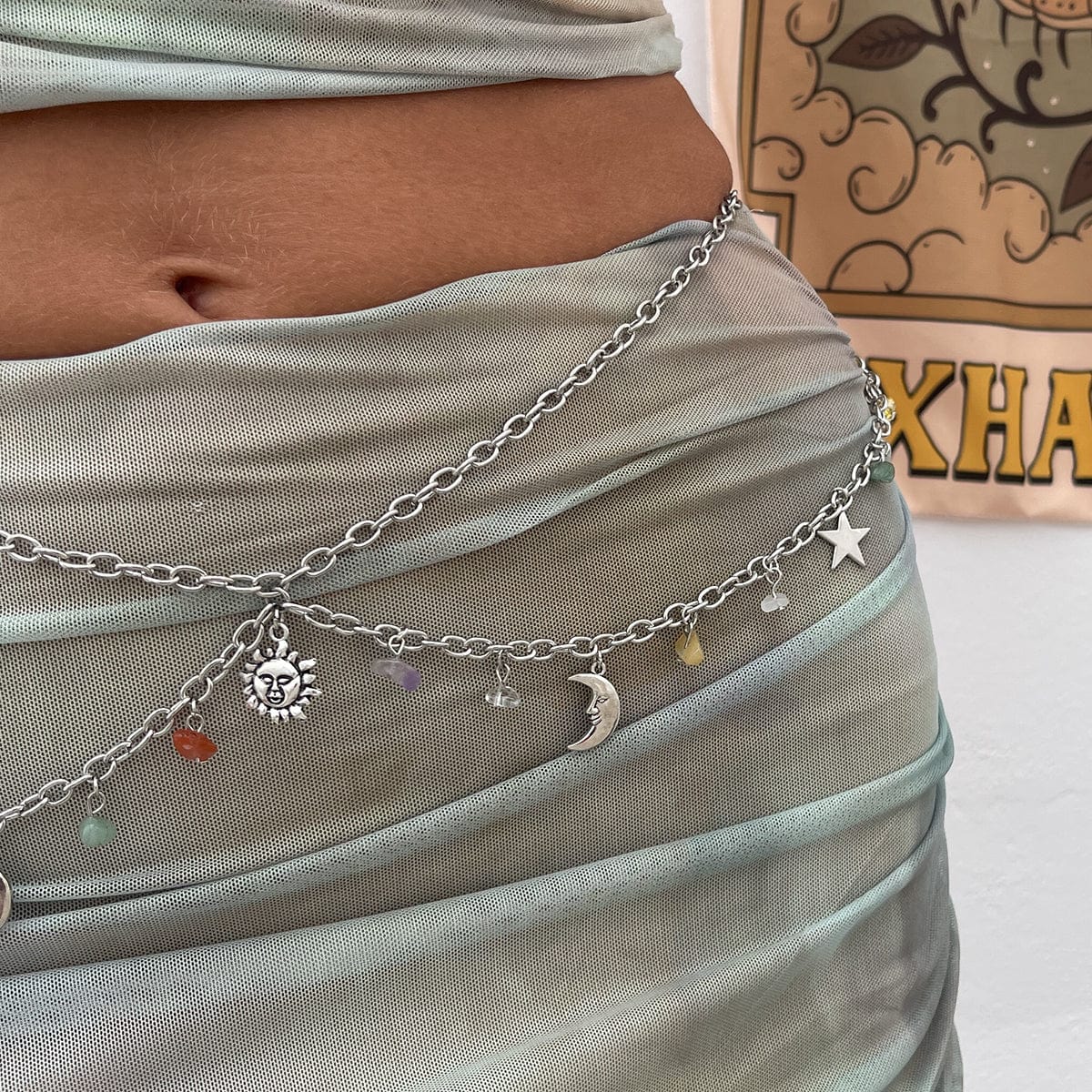 Boho Layered Sun Moon Star Crystal Stone Tassel Waist Chain - ArtGalleryZen